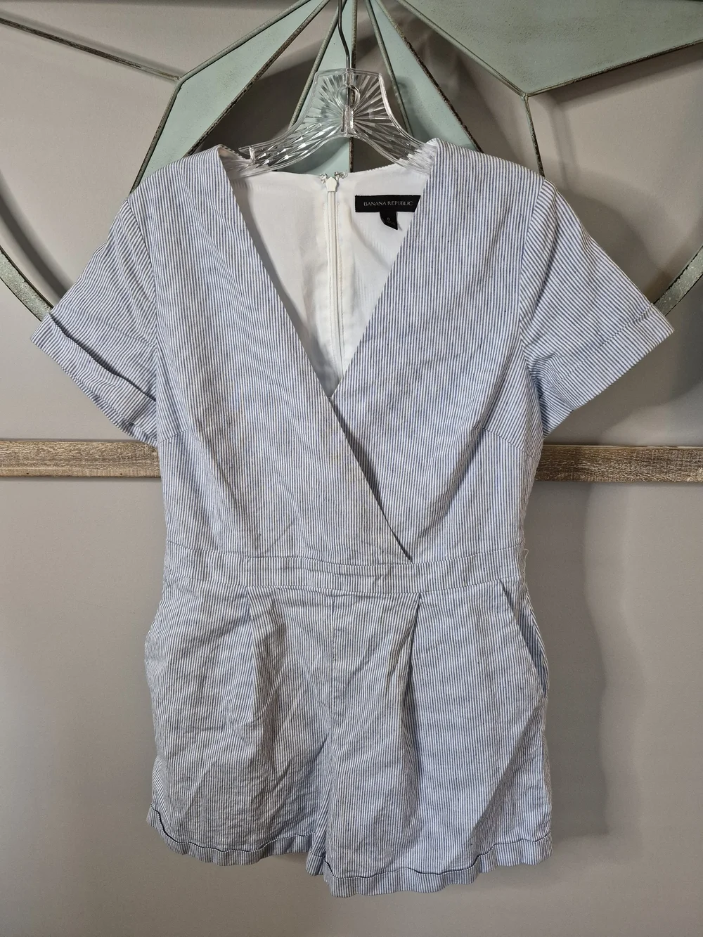 Banana Republic Light Blue Striped Wrap Linen Blend Romper - 8